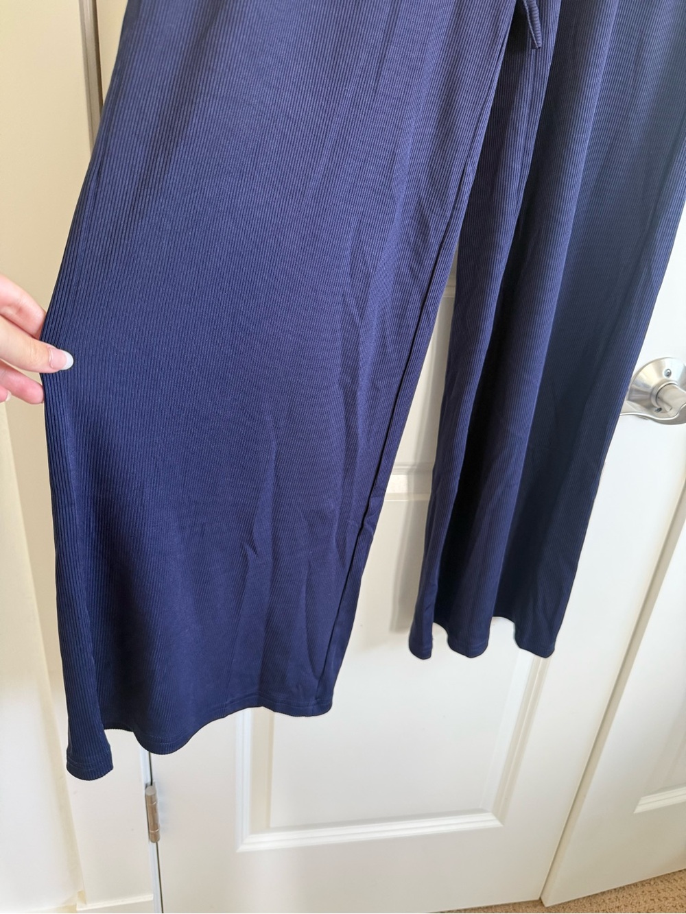 Wide Leg Ribbed Drawstring Pants - Navy - Picture 3 of 4